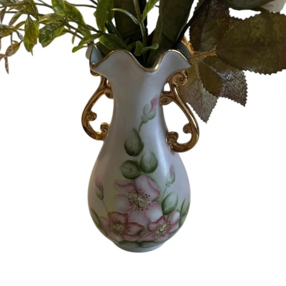Vintage Hand Painted Floral Ivory Gold Detail Double Handled Porcelain Vase